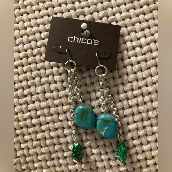 0028- Chico's Silver Earrings with Green and Blue Details - Picture 1 of 4
